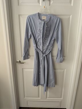 Court & Rowe Dotted Blue Pin Stripe Ruffle-Front Button Dress